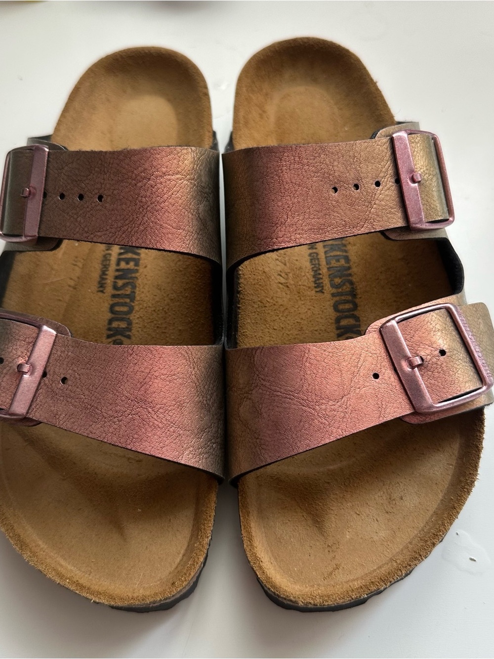 Birkenstock Arizona Metallic Rose Two-Strap Sandal size 38